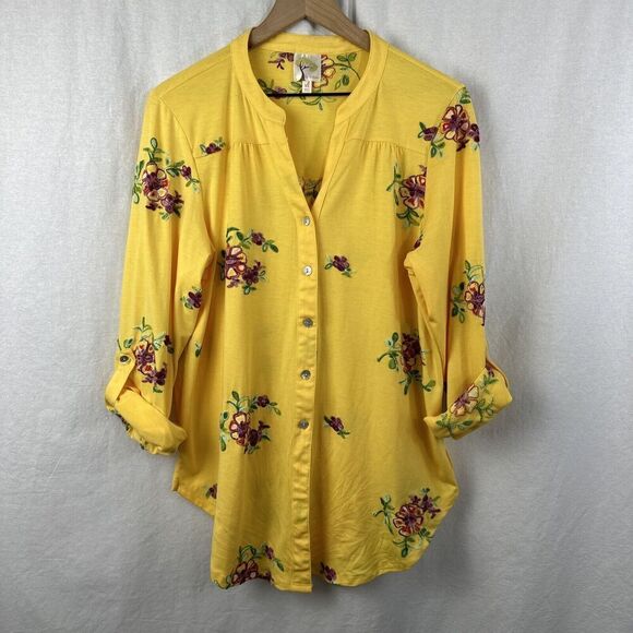 Fig & Flower Anthropologie Yellow Embroidered Button Up Roll Tab Top Women’s XL - Picture 14 of 15